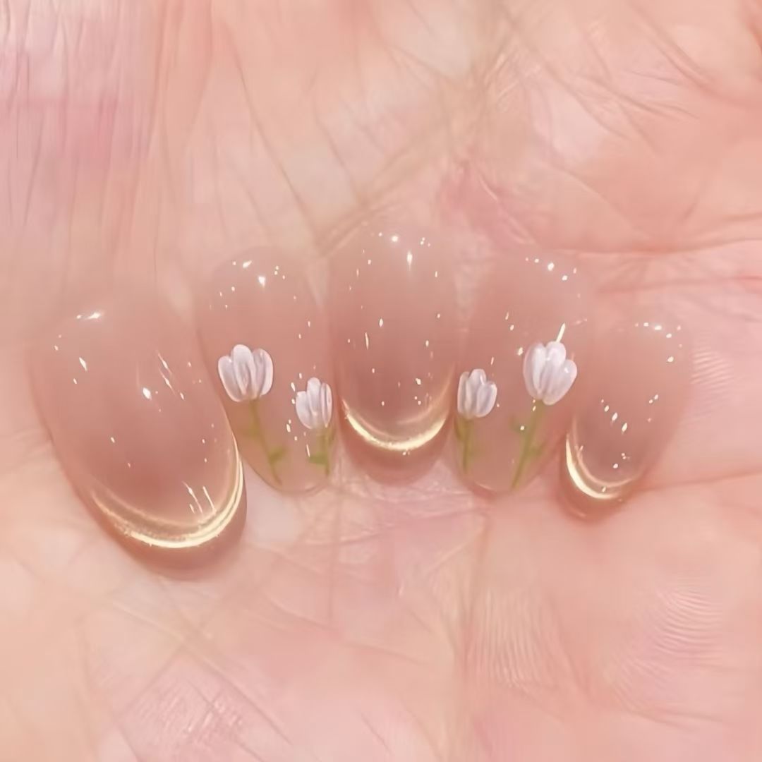 Blush Hand-Embossing Tulip Nail Art